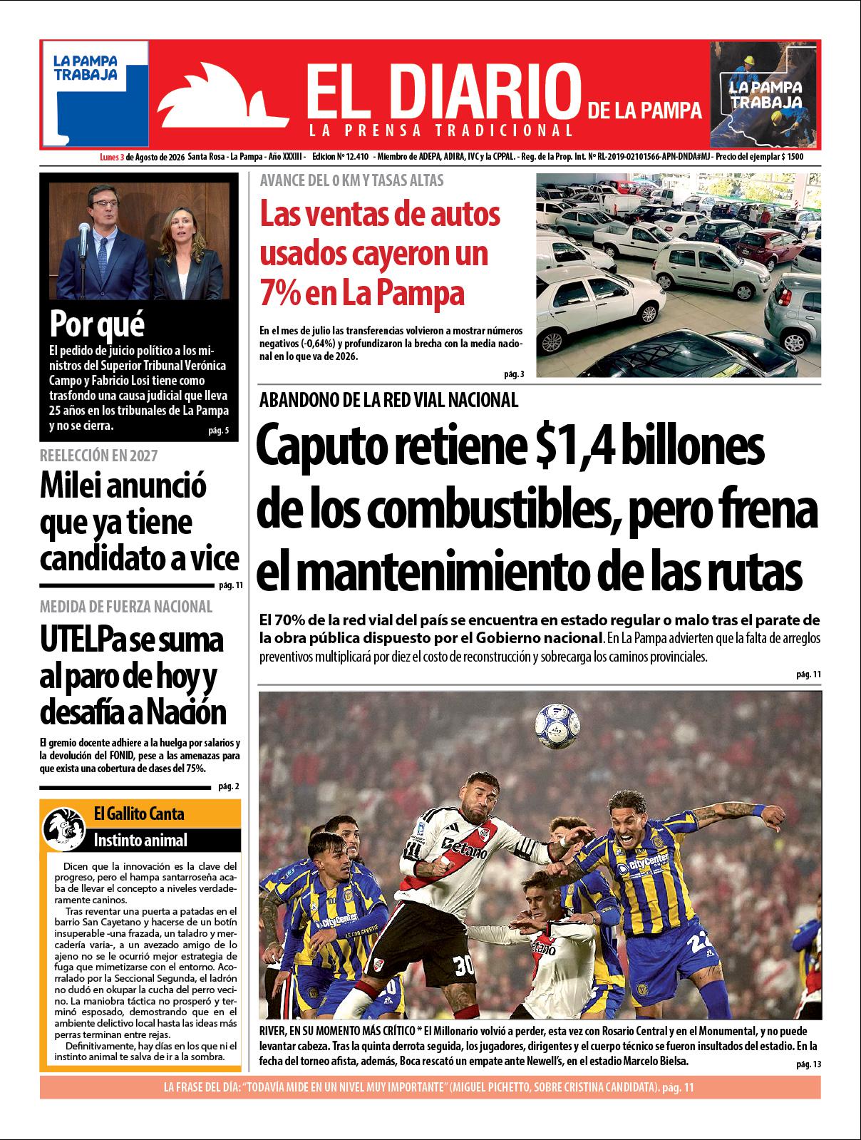 Tapa de El Diario en papel  lunes 03 de agosto de 2026